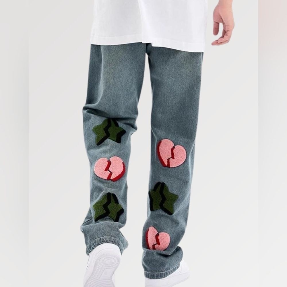 Aelfric Eden 'Broken' Plush Embroidered‎ Denim Jeans Blue Medium New With Tags